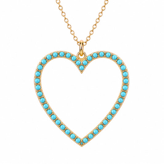 14K Gold Turquoise Heart Shape Frame Necklace, Large Size