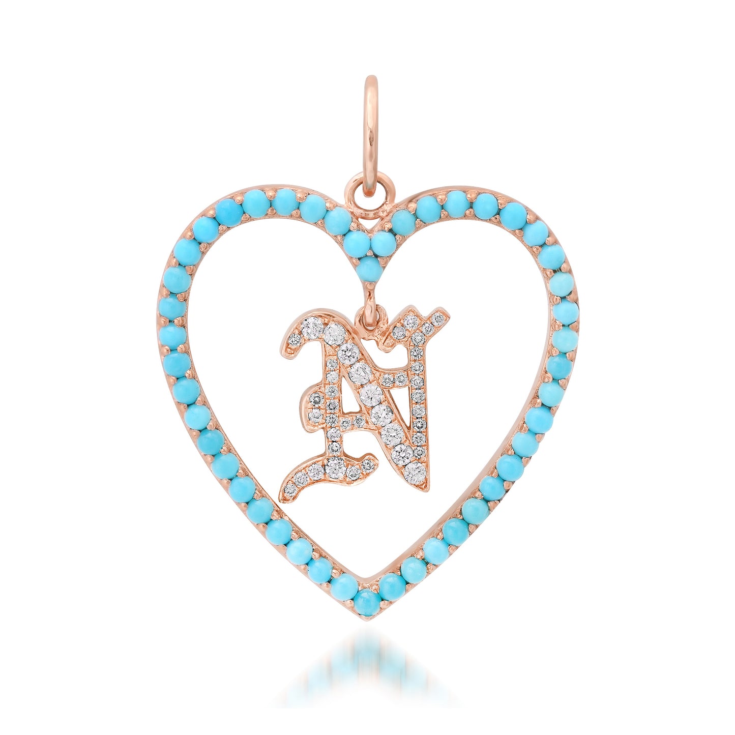 14K Gold Dangling Diamond Initial Turquoise Heart Shape Frame Pendant, Large Size
