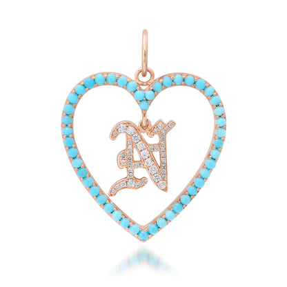 14K Gold Dangling Diamond Initial Turquoise Heart Shape Frame Pendant, Large Size