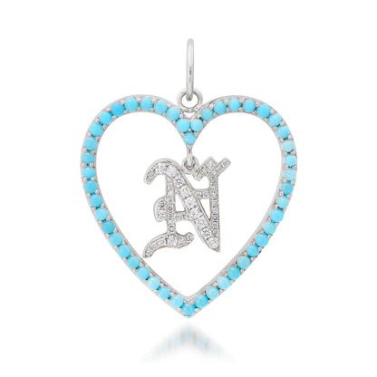 14K Gold Dangling Diamond Initial Turquoise Heart Shape Frame Pendant, Large Size