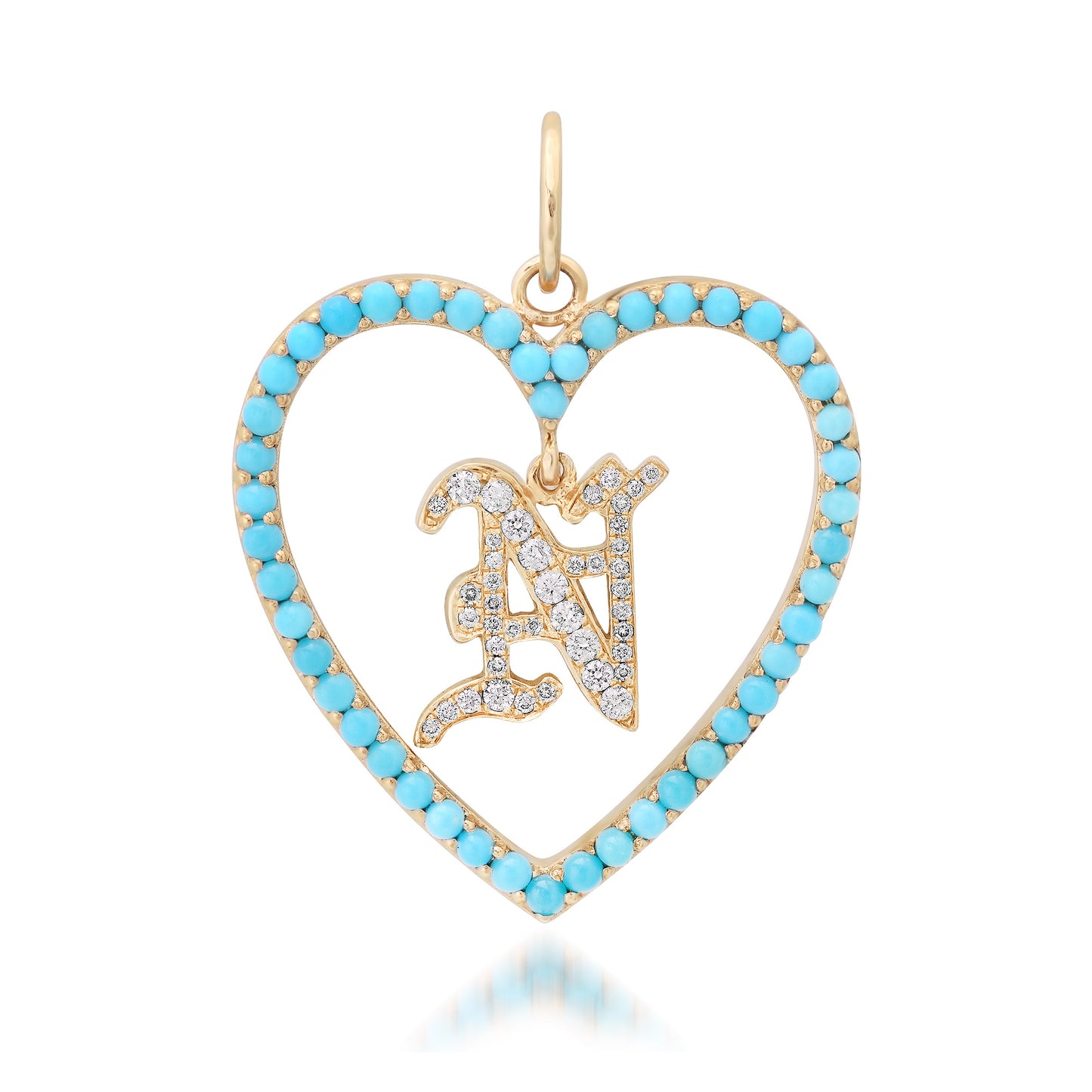 14K Gold Dangling Diamond Initial Turquoise Heart Shape Frame Pendant, Large Size