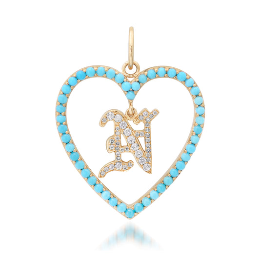 14K Gold Dangling Diamond Initial Turquoise Heart Shape Frame Pendant, Large Size