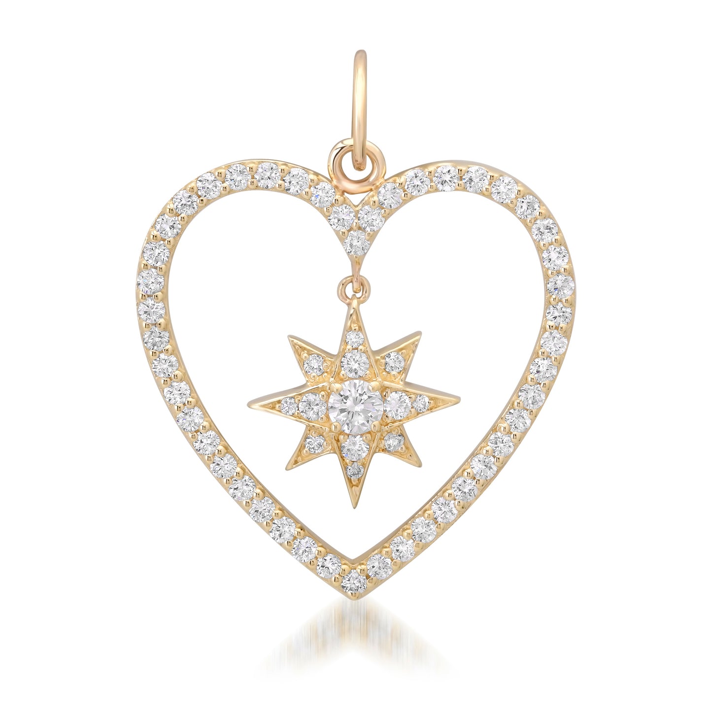 14K Gold Dangling Diamond Starburst Heart Shape Frame Pendant, Large Size