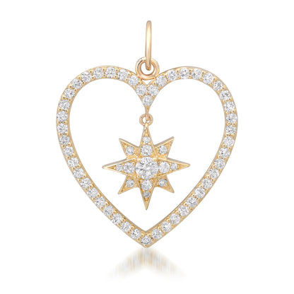 14K Gold Dangling Diamond Starburst Heart Shape Frame Pendant, Large Size
