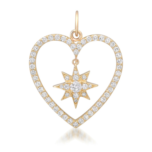 14K Gold Dangling Diamond Starburst Heart Shape Frame Pendant, Large Size