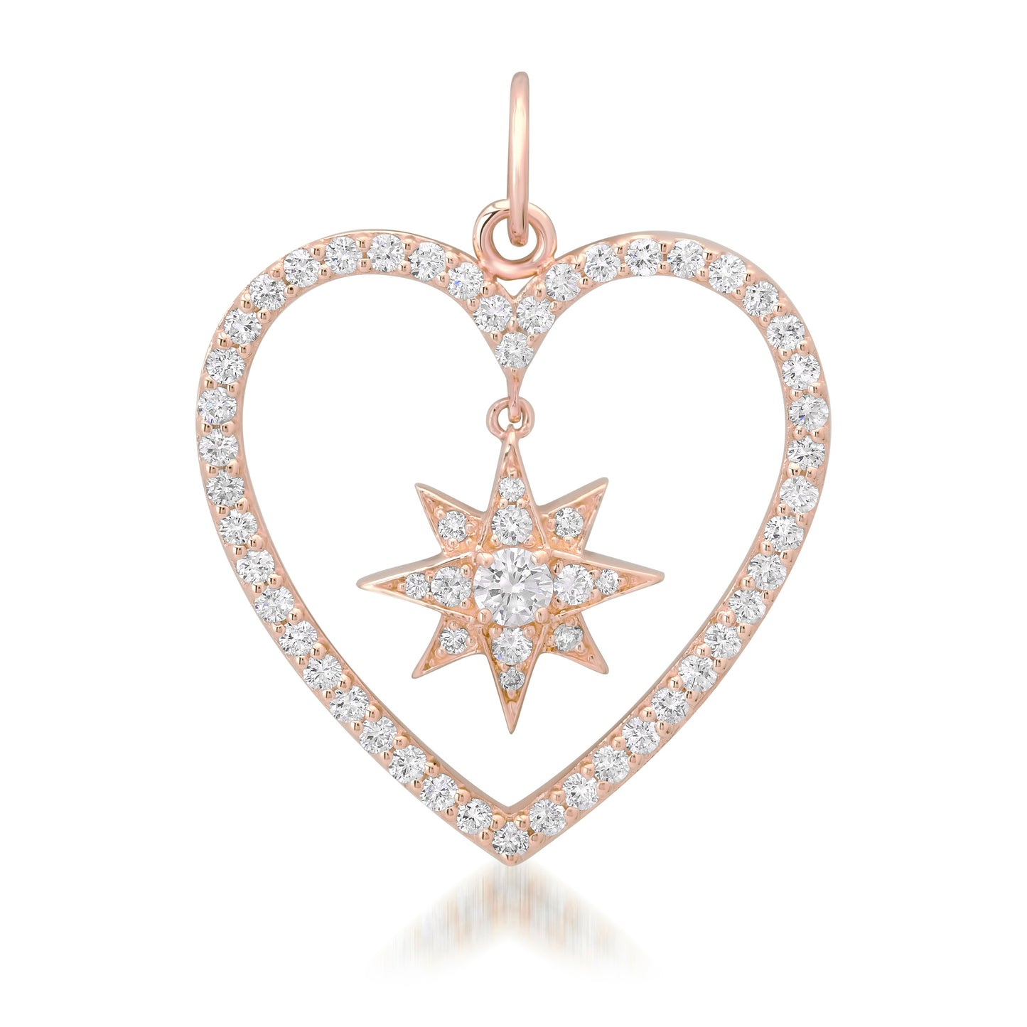 14K Gold Dangling Diamond Starburst Heart Shape Frame Pendant, Large Size
