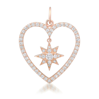 14K Gold Dangling Diamond Starburst Heart Shape Frame Pendant, Large Size