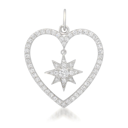 14K Gold Dangling Diamond Starburst Heart Shape Frame Pendant, Large Size