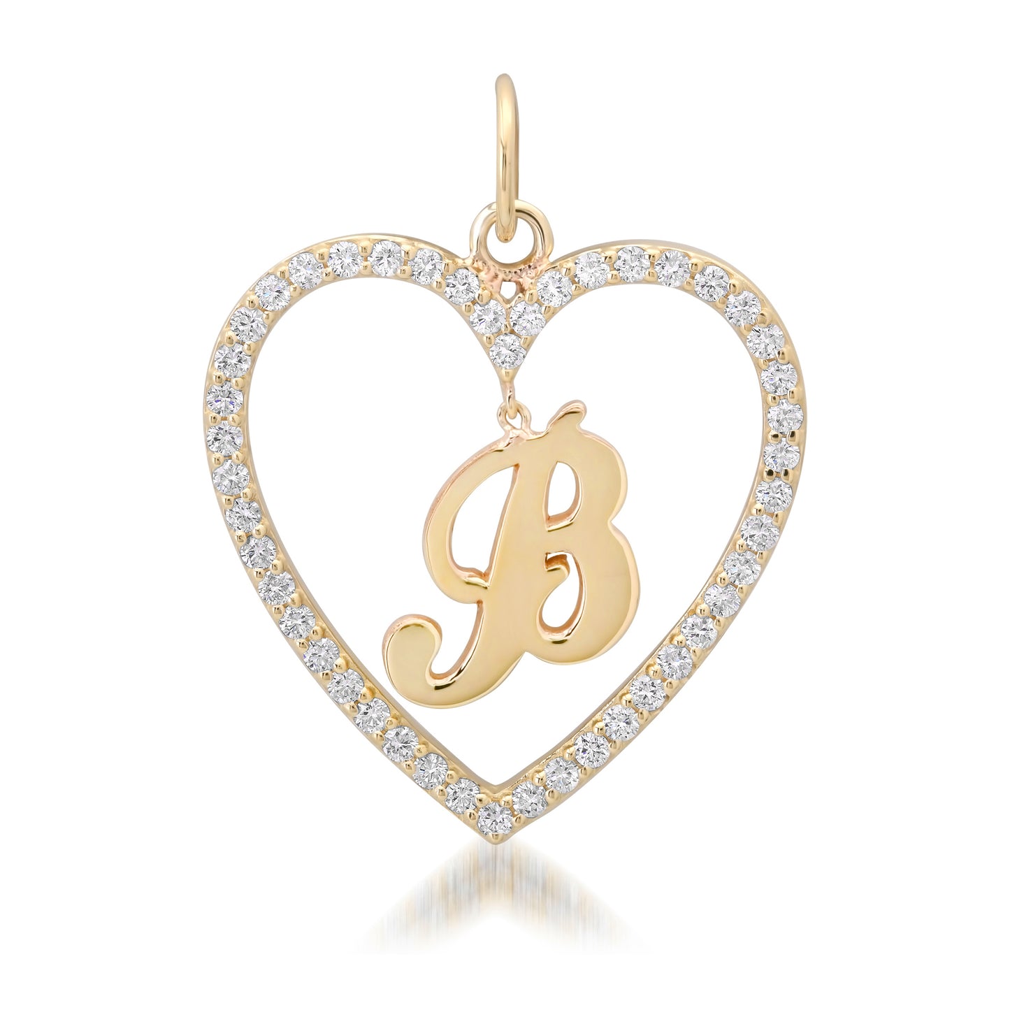 14K Gold Dangling Initial Diamond Heart Shape Frame Pendant, Large Size