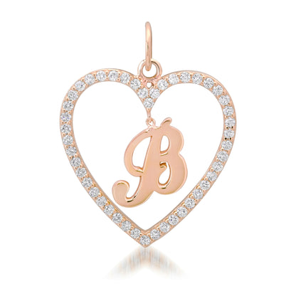 14K Gold Dangling Initial Diamond Heart Shape Frame Pendant, Large Size