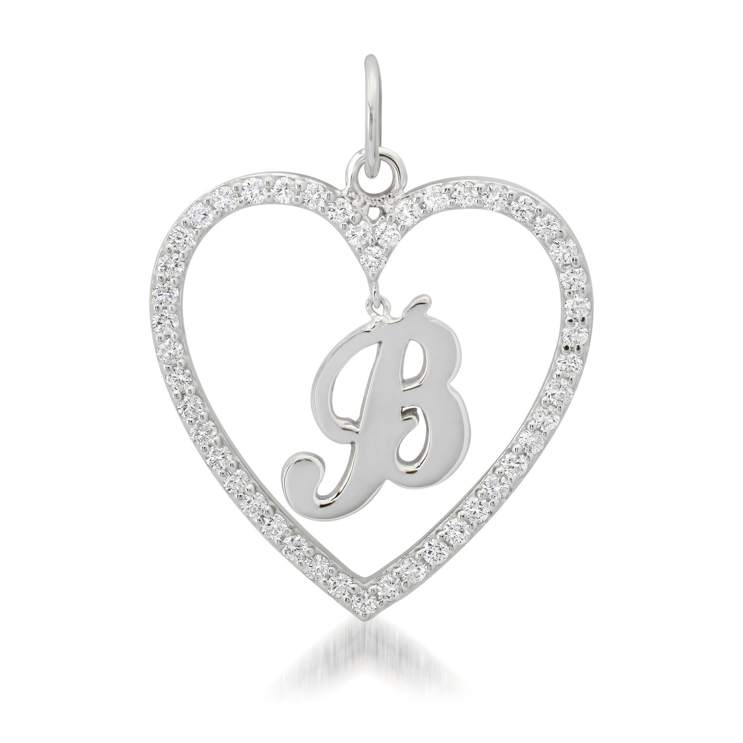 14K Gold Dangling Initial Diamond Heart Shape Frame Pendant, Large Size