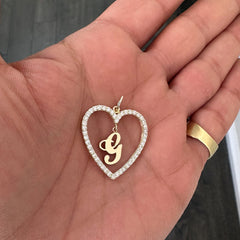 14K Gold Dangling Initial Diamond Heart Shape Frame Pendant, Large Size