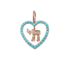 14K Gold Dangling Diamond Hebrew Chai Turquoise Heart Shape Frame Pendant, Medium Size