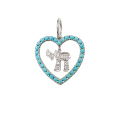 14K Gold Dangling Diamond Hebrew Chai Turquoise Heart Shape Frame Pendant, Medium Size