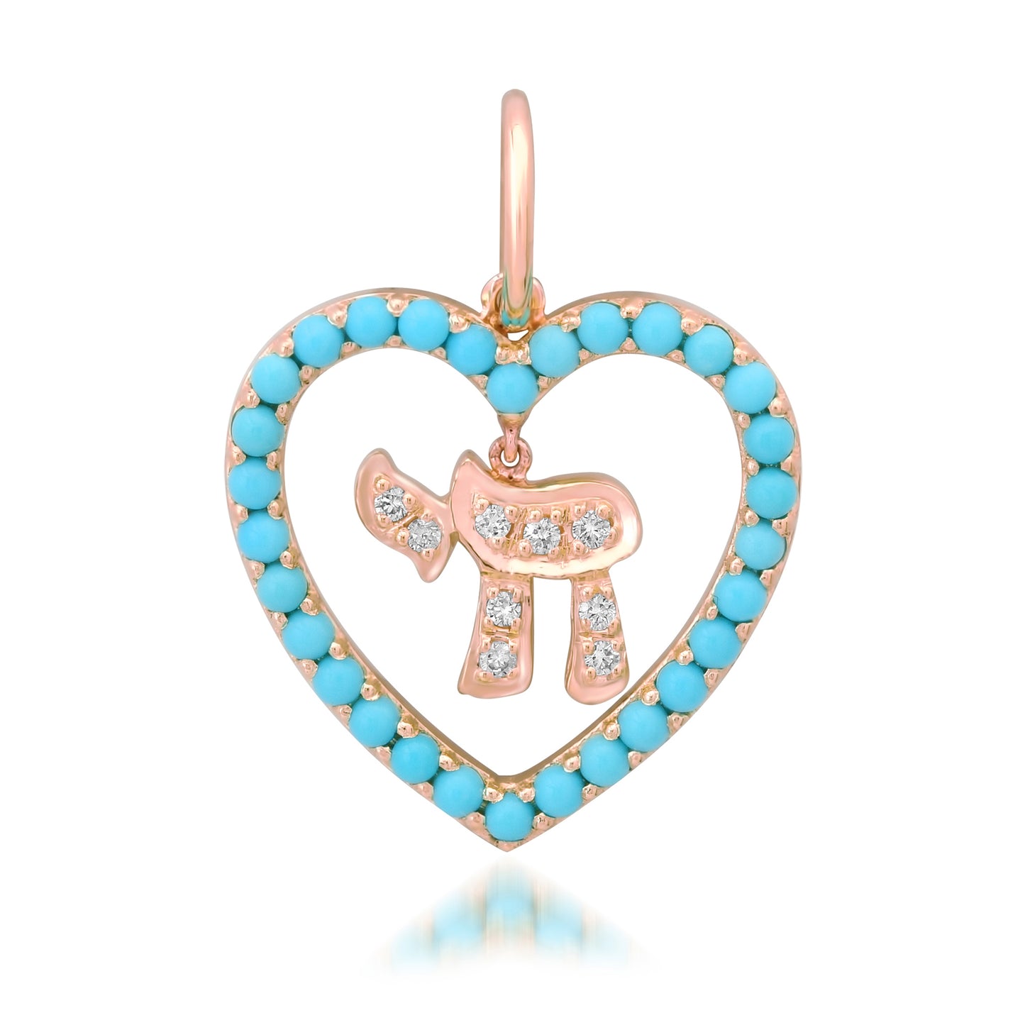 14K Gold Dangling Diamond Hebrew Chai Turquoise Heart Shape Frame Pendant, Medium Size