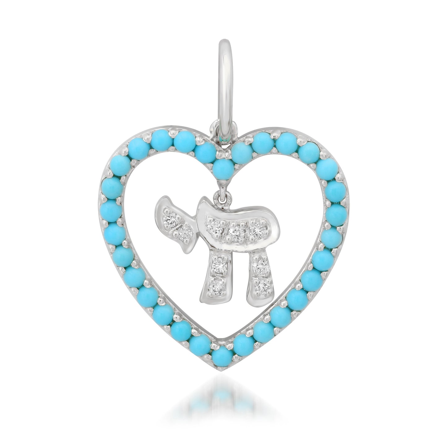 14K Gold Dangling Diamond Hebrew Chai Turquoise Heart Shape Frame Pendant, Medium Size