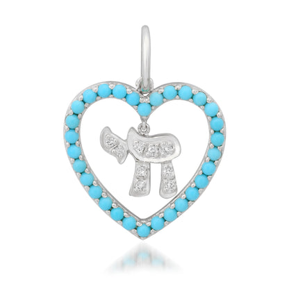 14K Gold Dangling Diamond Hebrew Chai Turquoise Heart Shape Frame Pendant, Medium Size
