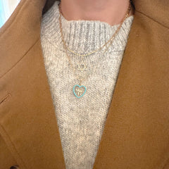 14K Gold Dangling Diamond Hebrew Chai Turquoise Heart Shape Frame Pendant, Medium Size