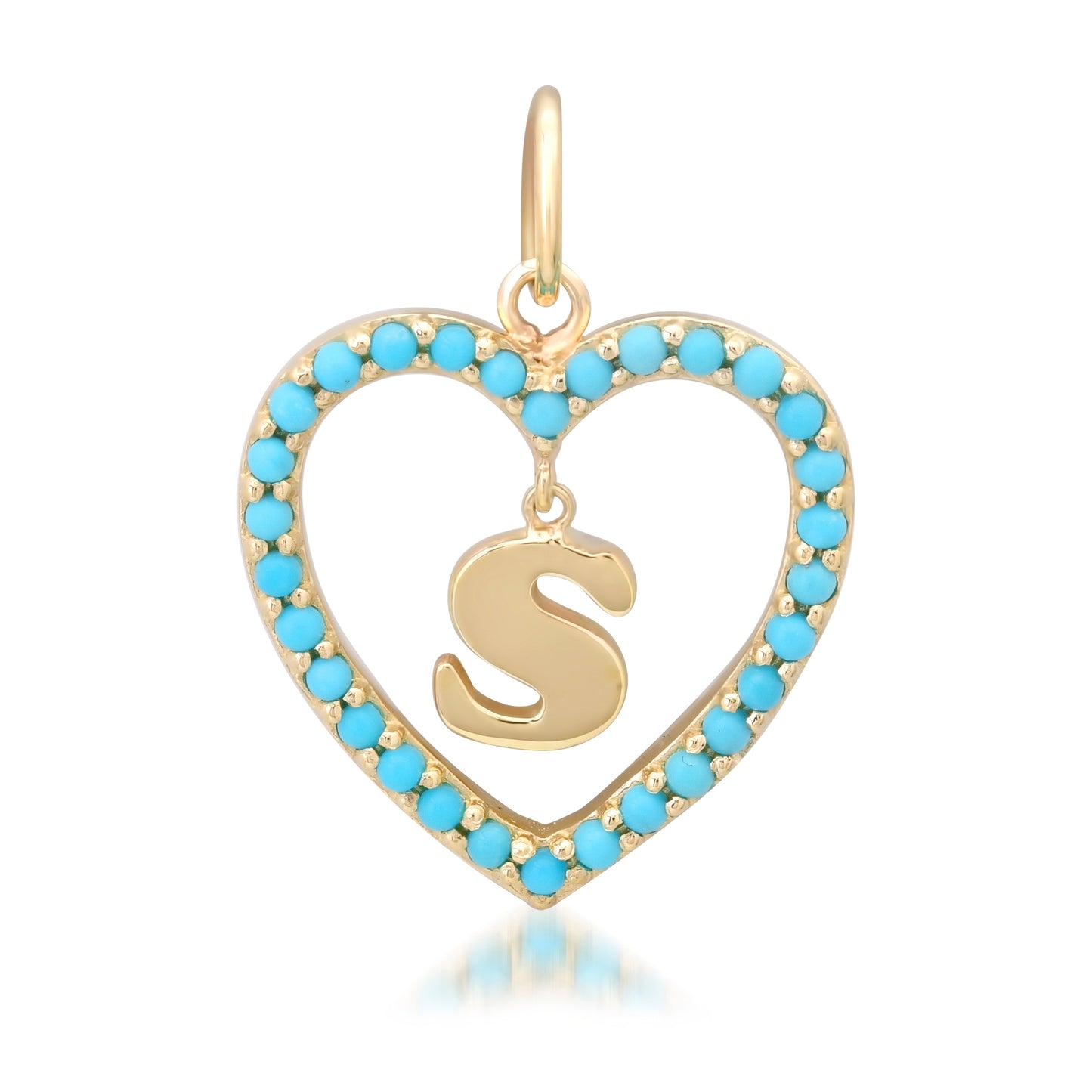 14K Gold Dangling Initial Turquoise Heart Shape Frame Pendant, Medium Size