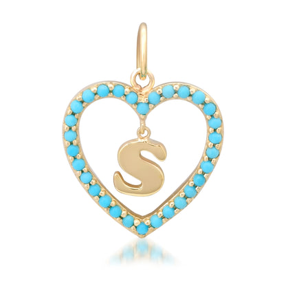 14K Gold Dangling Initial Turquoise Heart Shape Frame Pendant, Medium Size