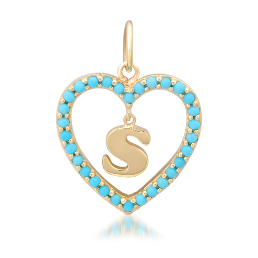 14K Gold Dangling Initial Turquoise Heart Shape Frame Pendant, Medium Size