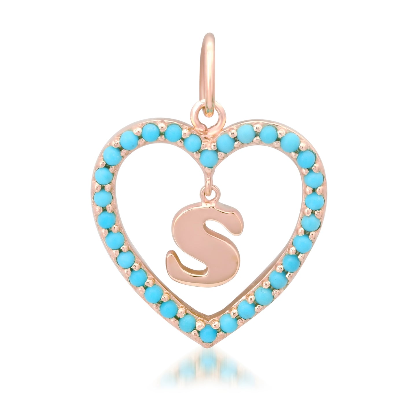 14K Gold Dangling Initial Turquoise Heart Shape Frame Pendant, Medium Size