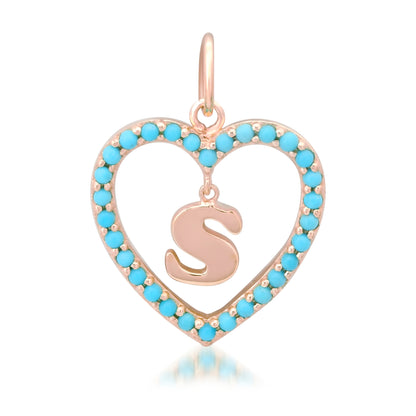 14K Gold Dangling Initial Turquoise Heart Shape Frame Pendant, Medium Size