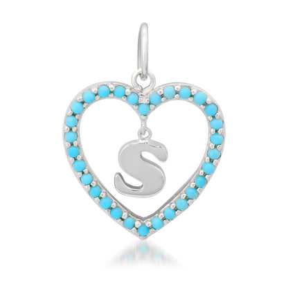 14K Gold Dangling Initial Turquoise Heart Shape Frame Pendant, Medium Size