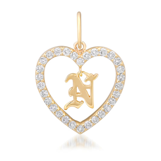 14K Gold Dangling Initial Diamond Heart Shape Frame Pendant, Medium Size
