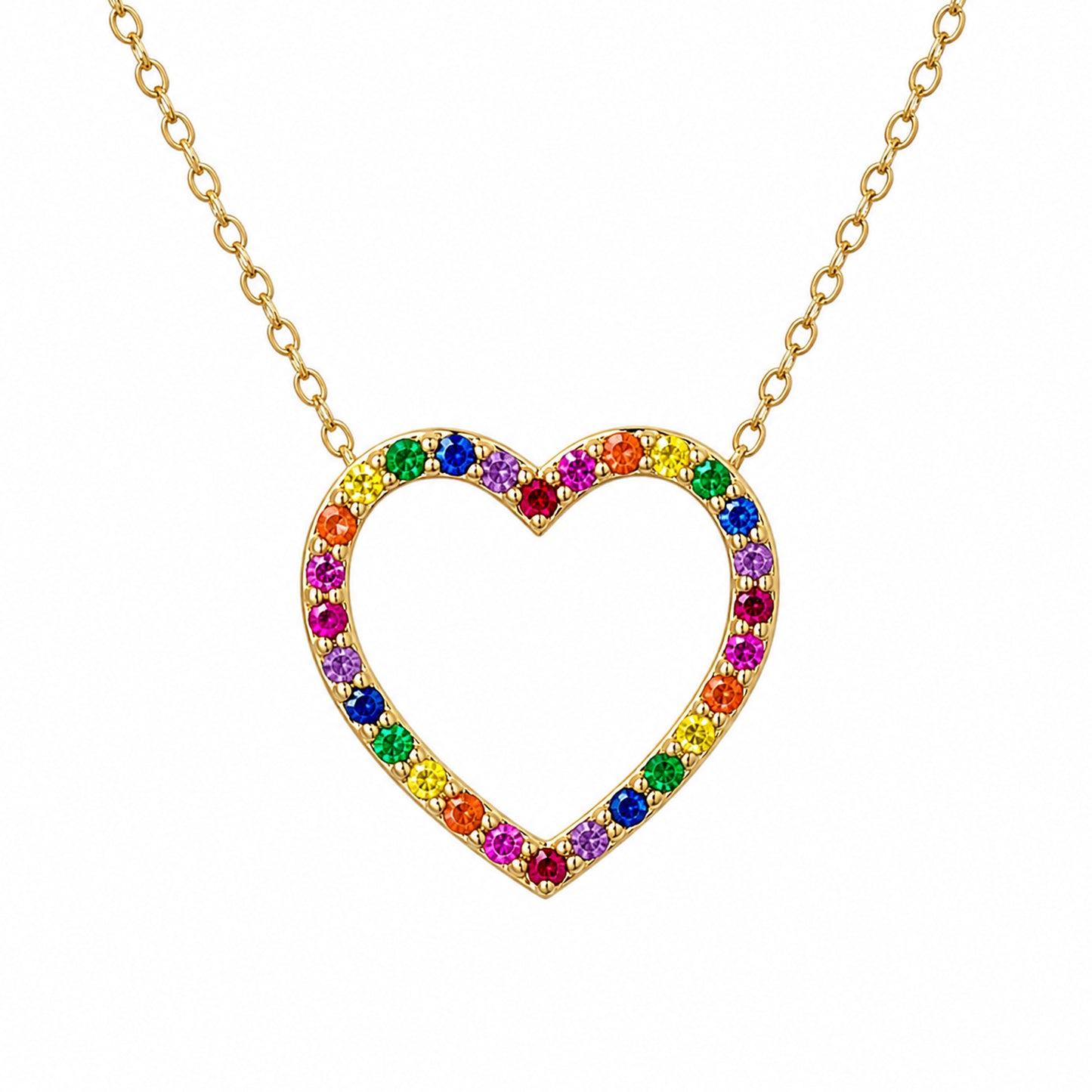 14K Gold Rainbow Gemstone Heart Shape Frame Necklace, Medium Size