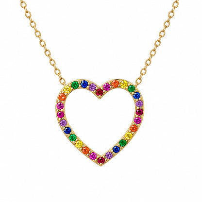 14K Gold Rainbow Gemstone Heart Shape Frame Necklace, Medium Size