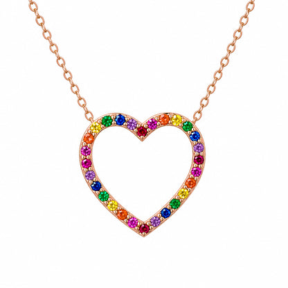 14K Gold Rainbow Gemstone Heart Shape Frame Necklace, Medium Size