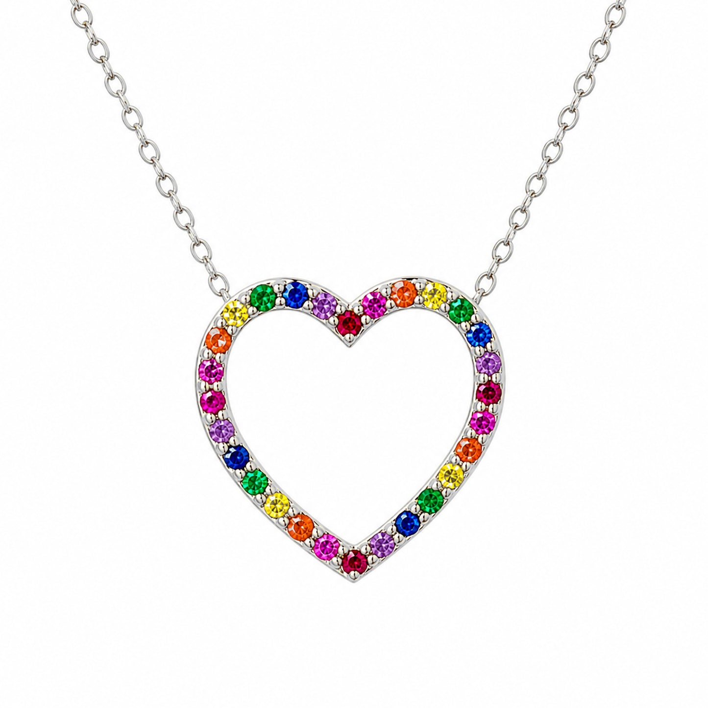 14K Gold Rainbow Gemstone Heart Shape Frame Necklace, Medium Size