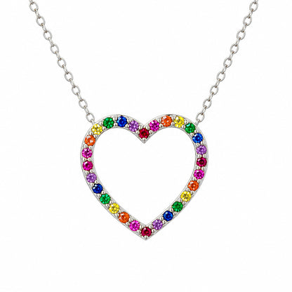 14K Gold Rainbow Gemstone Heart Shape Frame Necklace, Medium Size