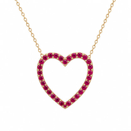 14K Gold Ruby Heart Shape Frame Necklace, Medium Size