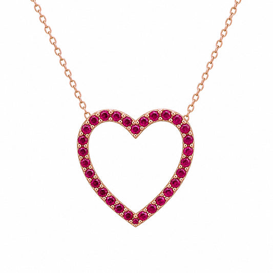 14K Gold Ruby Heart Shape Frame Necklace, Medium Size
