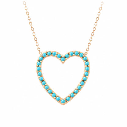 14K Gold Turquoise Heart Shape Frame Necklace, Medium Size