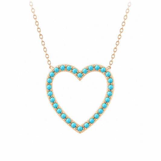 14K Gold Turquoise Heart Shape Frame Necklace, Medium Size