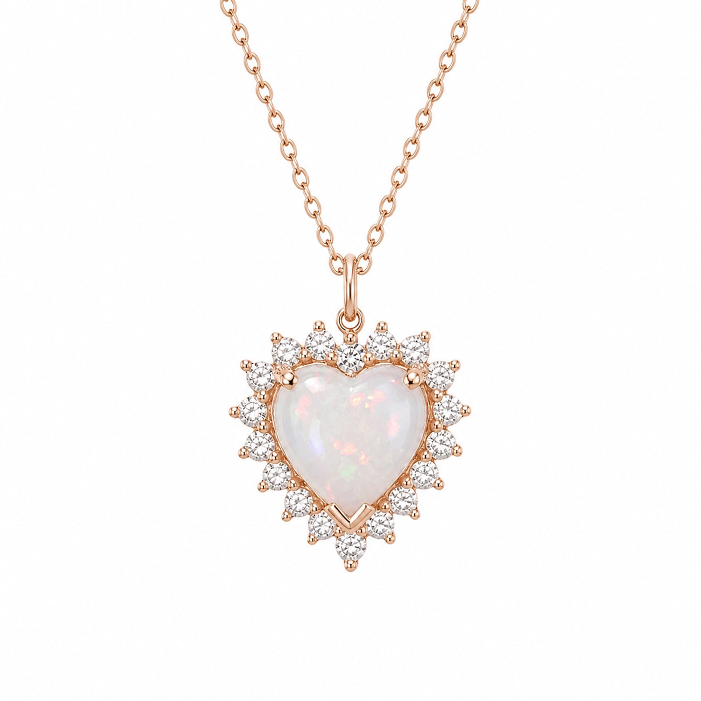 14K Gold Opal & Diamond Halo Heart Solitaire Necklace