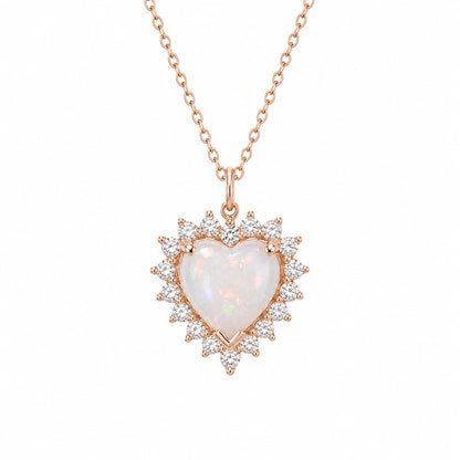 14K Gold Opal & Diamond Halo Heart Solitaire Necklace