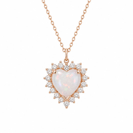 14K Gold Opal & Diamond Halo Heart Solitaire Necklace