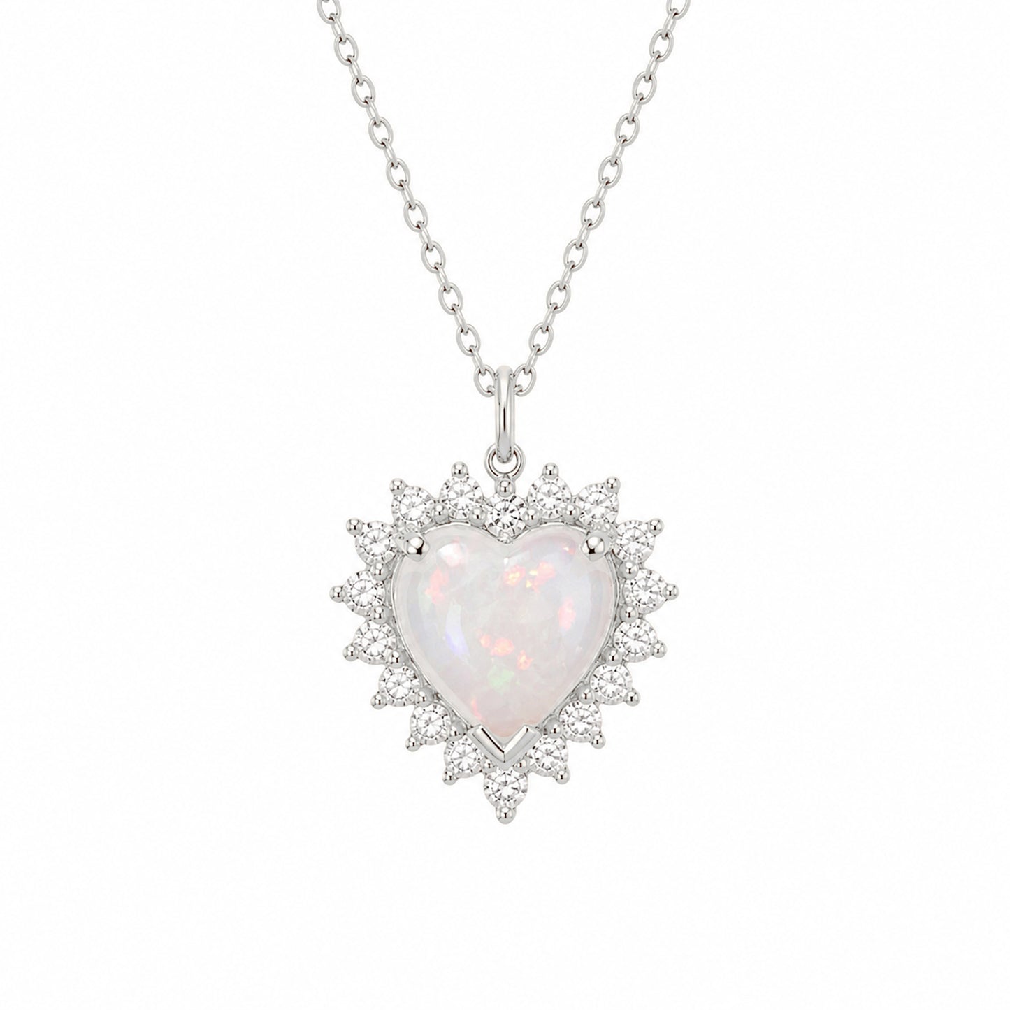 14K Gold Opal & Diamond Halo Heart Solitaire Necklace
