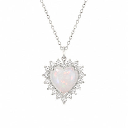 14K Gold Opal & Diamond Halo Heart Solitaire Necklace
