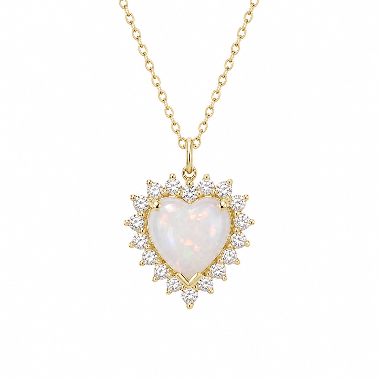 14K Gold Opal & Diamond Halo Heart Solitaire Necklace