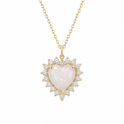 14K Gold Opal & Diamond Halo Heart Solitaire Necklace