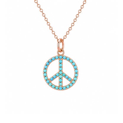 14K Gold Turquoise Peace Sign Shape Frame Necklace, Small Size