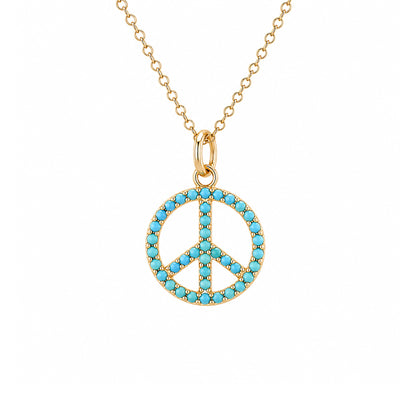 14K Gold Turquoise Peace Sign Shape Frame Necklace, Small Size
