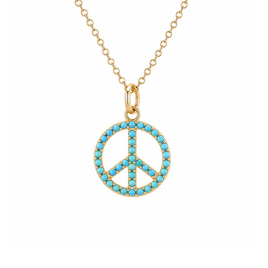 14K Gold Turquoise Peace Sign Shape Frame Necklace, Small Size