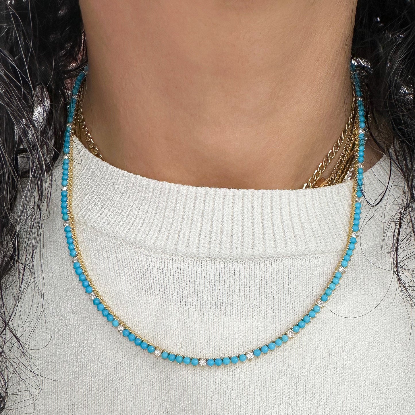 14K Gold Turquoise & Diamond Tennis Necklace