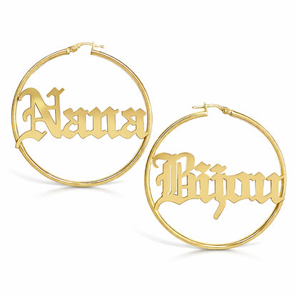 14K Gold Nameplate Hoop Earrings ~ Block, Old English or Script Font